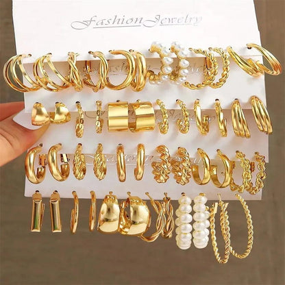 6-24 Pairs Set Geometry Gold Plated Metal Faux Pearl Hoop Earrings Set for Women Vintage Round Circle C Shape Earring Jewelry