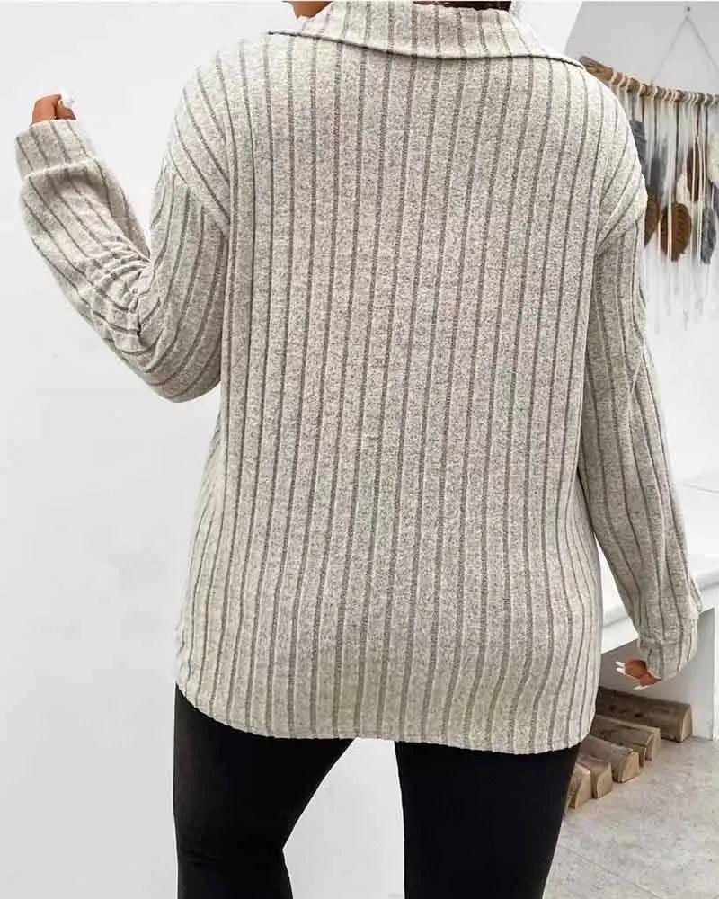 Women's Plus Size Casual T Shirt Solid Ribbed Long Sleeve Lapel Collar Slight Stretch Pullover