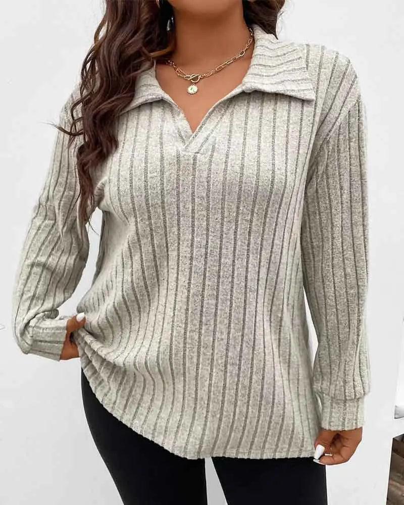 Women's Plus Size Casual T Shirt Solid Ribbed Long Sleeve Lapel Collar Slight Stretch Pullover