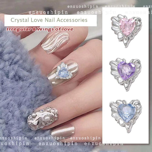 10Pcs Heart Shaped Design Nail Art Charms 3D Alloy Irregular Silvery Love Crystal Nail Rhinestone Moon Gems DIY Nail Accessories