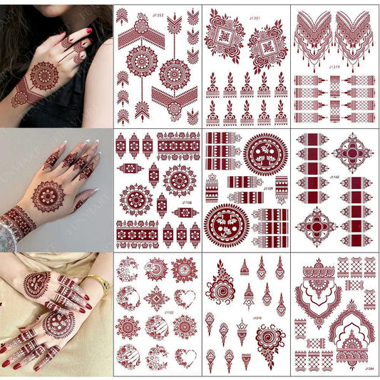 10Pcs/Set Maroon Color Henna Tattoo Stickers for Hand Brown Red Henna Tattoos for Women Waterproof Temporary Mehndi Fake Tattoo