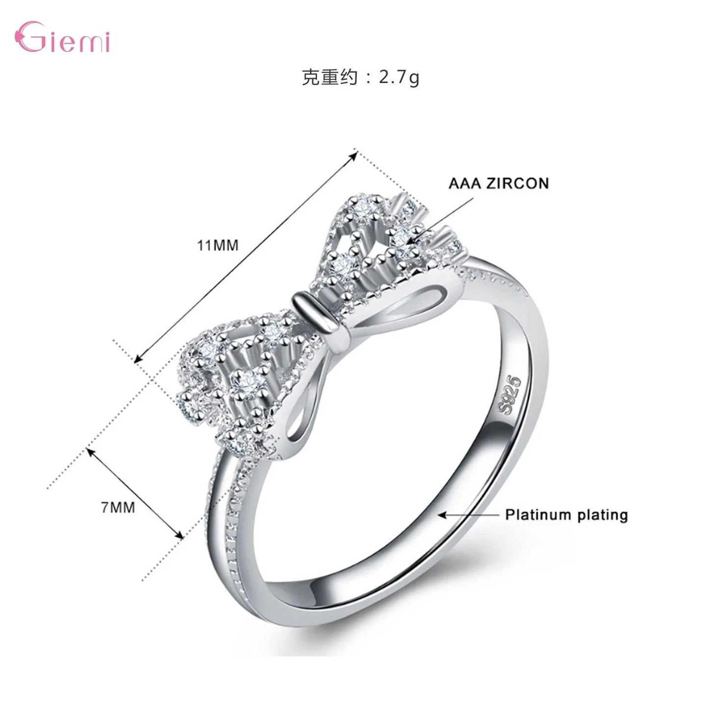 925 Sterling Silver Bowknot Bow Knot Cubic Zirconia Rhinestone Rings For Women Fashion Trendy Wedding Engagement Jewelry