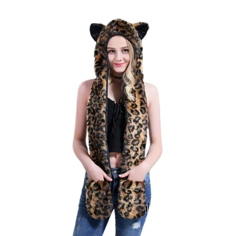 3 In 1 Women Men Fluffy Plush Animal Wolf Leopard Hood Scarf Hat with Paws Mittens Gloves Thicken Winter Warm Earflap Bomber Cap