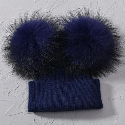 Double Real Raccoon Fur Pompom Hat Women Winter Caps Knitted Wool Hats Skullies Beanies Girls Female Two Fur Pom Pom Beanie Hat