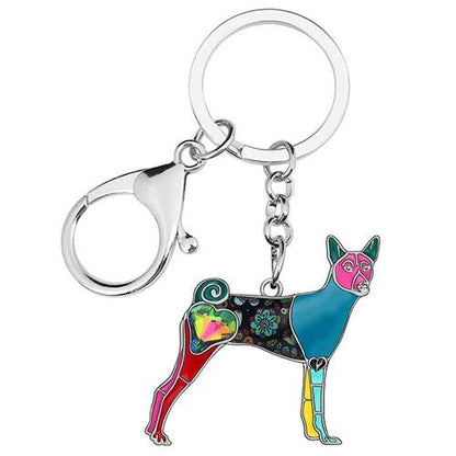 WEVENI Enamel Alloy Rhinestone Floral Basenji Dogs Keychains Fashion Pets Bag Key Chain Ring Jewelry For Women Girls Unique Gift