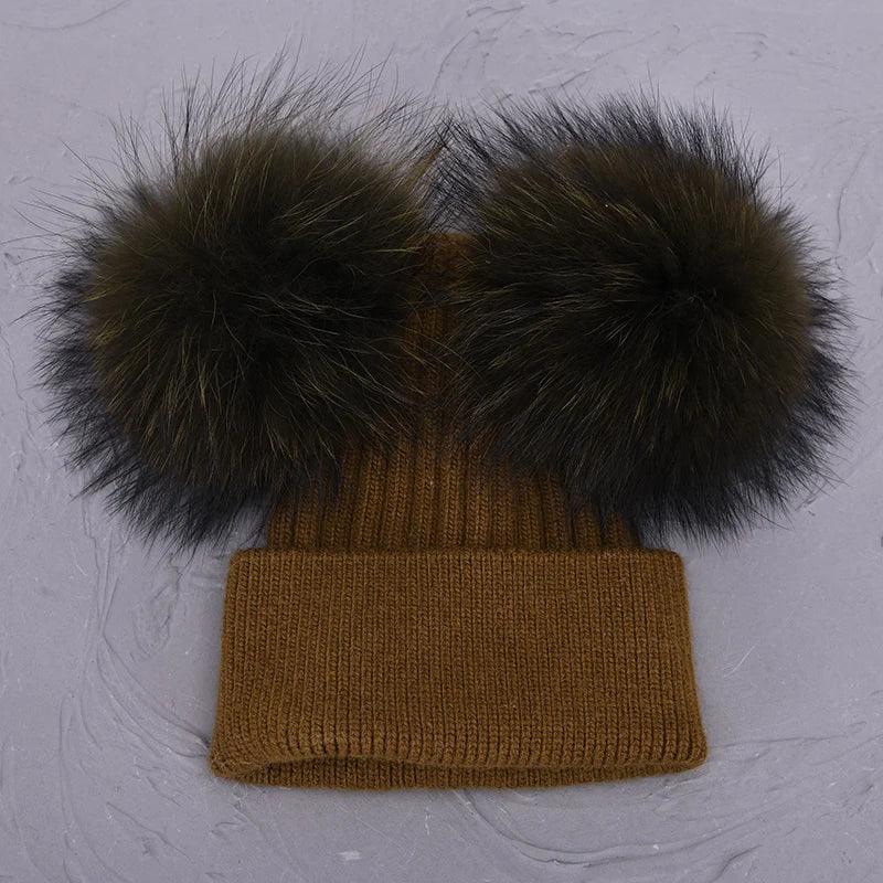 Double Real Raccoon Fur Pompom Hat Women Winter Caps Knitted Wool Hats Skullies Beanies Girls Female Two Fur Pom Pom Beanie Hat