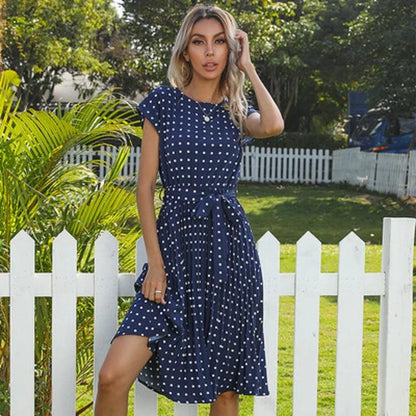 2022 New Summer Polka Dots Sleeveless Pleated Dresses For Women High Waist Midi Elegant Office Green Lady Dinner Party Clothes