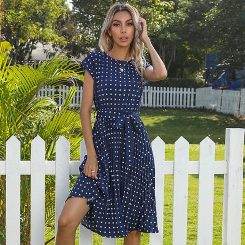 2022 New Summer Polka Dots Sleeveless Pleated Dresses For Women High Waist Midi Elegant Office Green Lady Dinner Party Clothes - HighGloss Shop