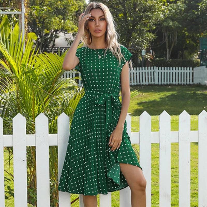 2022 New Summer Polka Dots Sleeveless Pleated Dresses For Women High Waist Midi Elegant Office Green Lady Dinner Party Clothes - HighGloss Shop