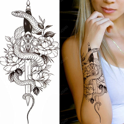 Black Flower Rose Waterproof Temporary Bird Snake Sexy Body Arm Leg Gem Henna Tattoo Fashion Big Fake Sleeve Sticker