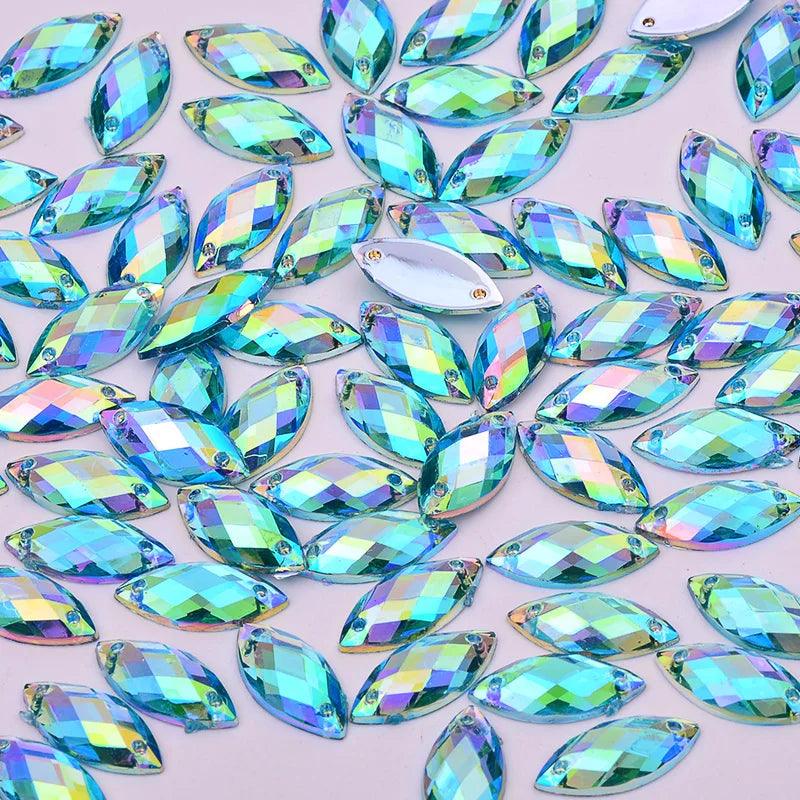 JUNAO 500pcs 7x15mm Glitter Red AB Crystal Rhinestones Acrylic Strass Sew On Flat Back Gems Horse Eye Stones for Dress Crafts