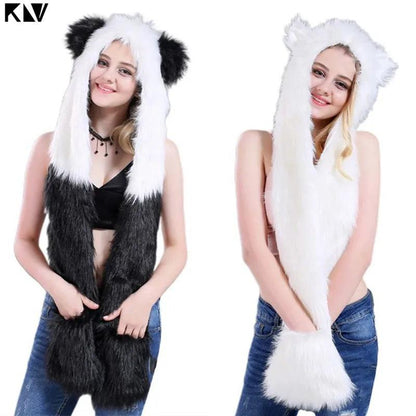 3 In 1 Women Men Fluffy Plush Animal Wolf Leopard Hood Scarf Hat with Paws Mittens Gloves Thicken Winter Warm Earflap Bomber Cap