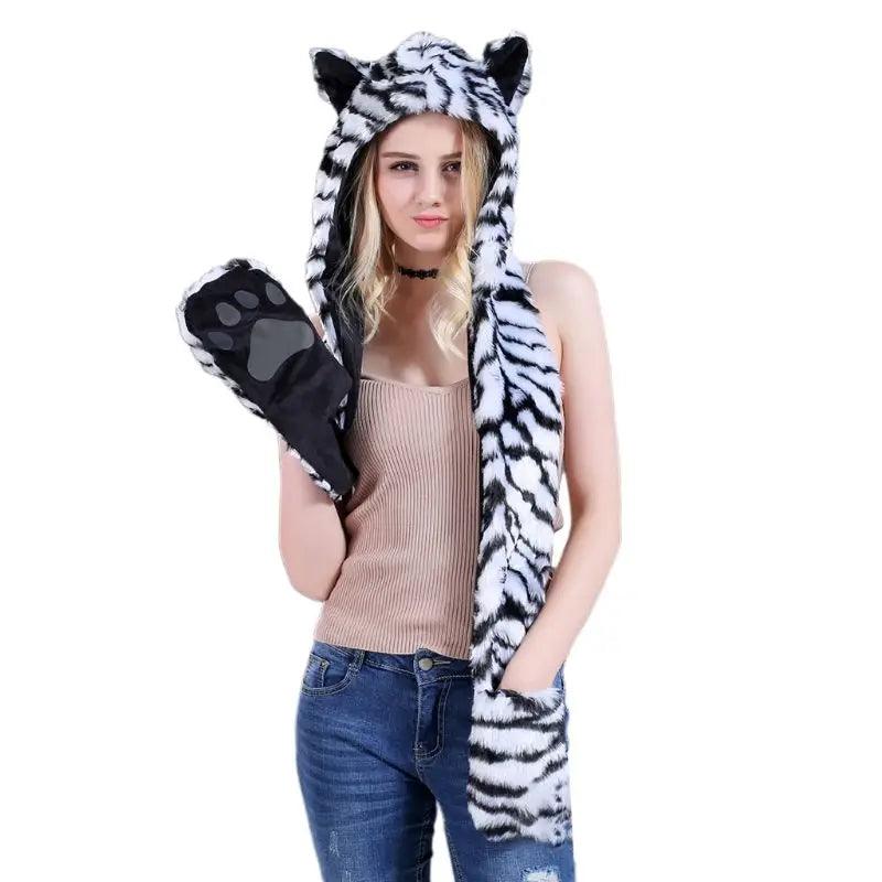 3 In 1 Women Men Fluffy Plush Animal Wolf Leopard Hood Scarf Hat with Paws Mittens Gloves Thicken Winter Warm Earflap Bomber Cap