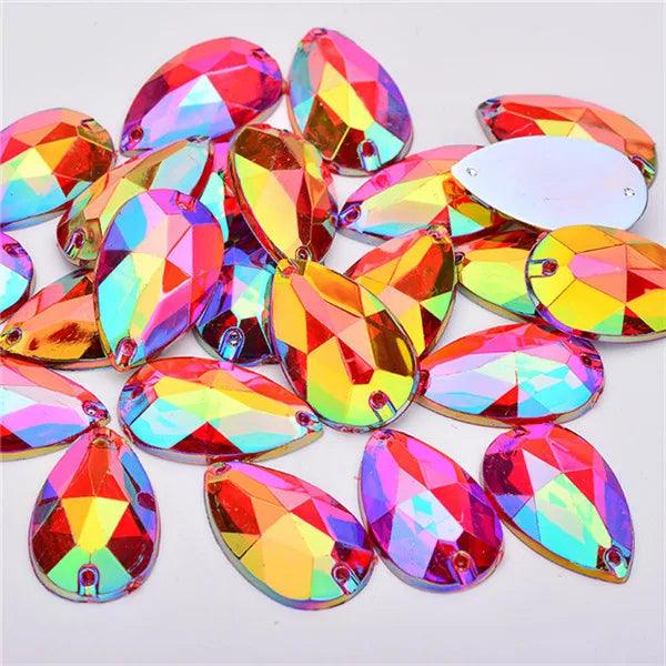 JUNAO 100pcs 17*28mm Sewing Red AB Teardrop Crystal Rhinestone Sew On Stones Flatback Acrylic Gems For Wedding Dress Decoration