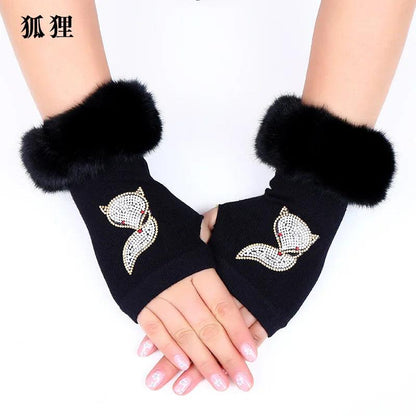 Women Cartoon Animals Fox Fingerless Dance Gloves Winter Warm Short Plush Diamonds Sequins Skull Fingerless Knitted Gloves G102