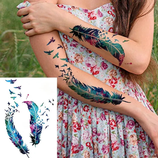 Black Flower Rose Waterproof Temporary Bird Snake Sexy Body Arm Leg Gem Henna Tattoo Fashion Big Fake Sleeve Sticker