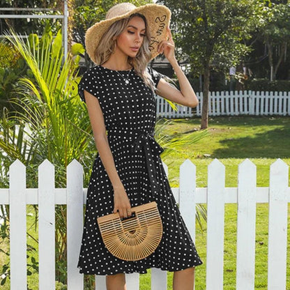 2022 New Summer Polka Dots Sleeveless Pleated Dresses For Women High Waist Midi Elegant Office Green Lady Dinner Party Clothes