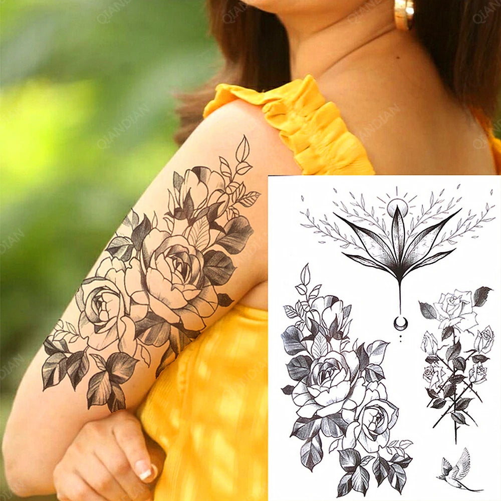 Black Flower Rose Waterproof Temporary Bird Snake Sexy Body Arm Leg Gem Henna Tattoo Fashion Big Fake Sleeve Sticker