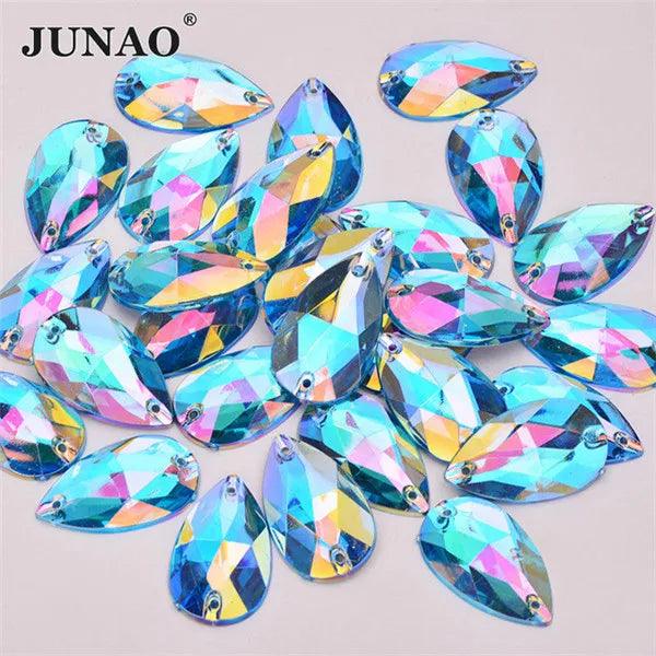 JUNAO 100pcs 17*28mm Sewing Red AB Teardrop Crystal Rhinestone Sew On Stones Flatback Acrylic Gems For Wedding Dress Decoration