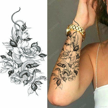 Black Flower Rose Waterproof Temporary Bird Snake Sexy Body Arm Leg Gem Henna Tattoo Fashion Big Fake Sleeve Sticker