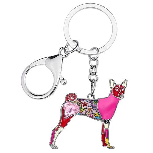 WEVENI Enamel Alloy Rhinestone Floral Basenji Dogs Keychains Fashion Pets Bag Key Chain Ring Jewelry For Women Girls Unique Gift