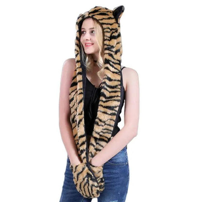 3 In 1 Women Men Fluffy Plush Animal Wolf Leopard Hood Scarf Hat with Paws Mittens Gloves Thicken Winter Warm Earflap Bomber Cap