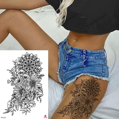 Black Flower Rose Waterproof Temporary Bird Snake Sexy Body Arm Leg Gem Henna Tattoo Fashion Big Fake Sleeve Sticker