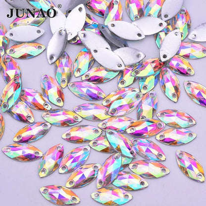 JUNAO 50pcs 7*21mm Sewing Crystal AB Rectangle Rhinestone Applique Flat Back Gems Acrylic Stone Sewn Crystal Strass for Needwork