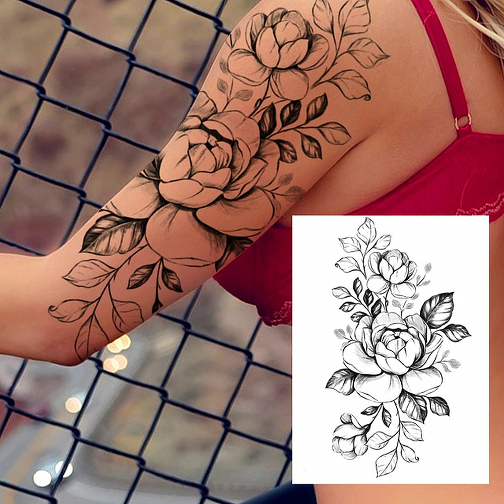 Black Flower Rose Waterproof Temporary Bird Snake Sexy Body Arm Leg Gem Henna Tattoo Fashion Big Fake Sleeve Sticker