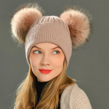 Double Real Raccoon Fur Pompom Hat Women Winter Caps Knitted Wool Hats Skullies Beanies Girls Female Two Fur Pom Pom Beanie Hat