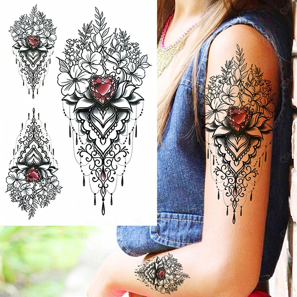 Black Flower Rose Waterproof Temporary Bird Snake Sexy Body Arm Leg Gem Henna Tattoo Fashion Big Fake Sleeve Sticker