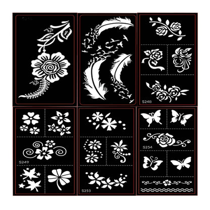 12 Sheets Henna Tattoo Stencils Kit Self-Adhesive Butterfly/Feather/Flower Designs for Body Painting Temporary Templates