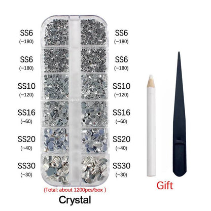 Hot Sale New Set 1200pcs 12 grid boxs Crystal Rhinestones Hotfix ss6-ss30 mixed size Glitter Glass Rhinestone Iron-on gem Strass