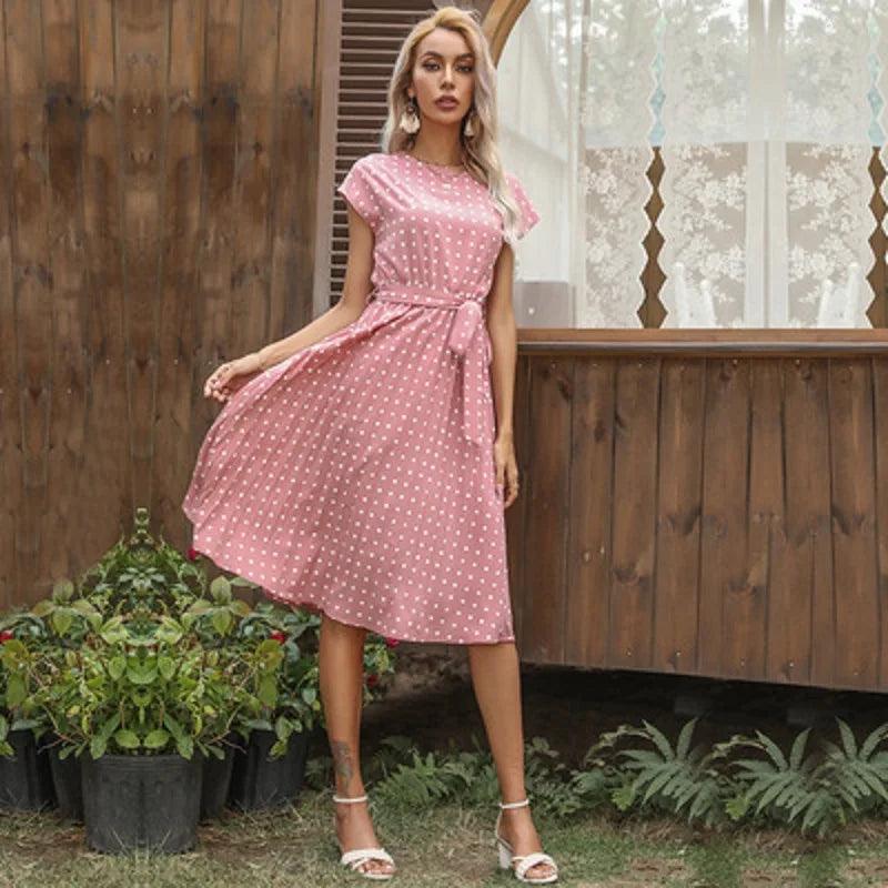 2022 New Summer Polka Dots Sleeveless Pleated Dresses For Women High Waist Midi Elegant Office Green Lady Dinner Party Clothes - HighGloss Shop