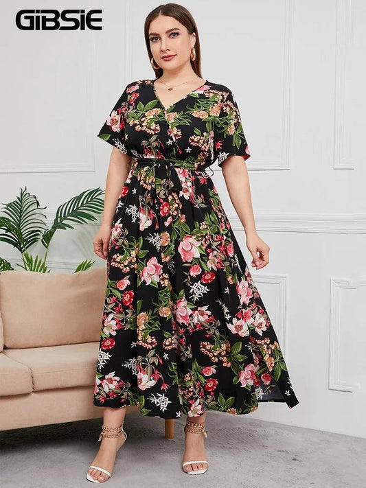 GIBSIE Plus Size V Neck Floral Print Boho Dress Women Summer Short Sleeve Maxi Dresses Holiday A-line Female Belted Dress