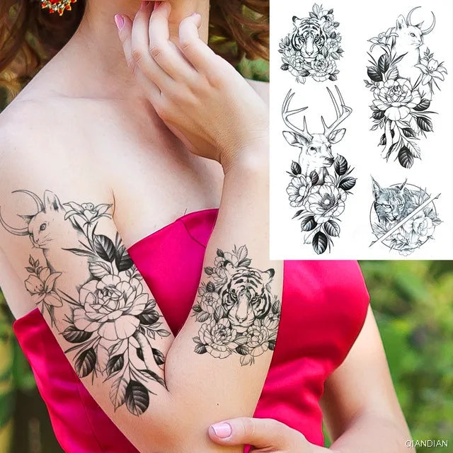 Black Flower Rose Waterproof Temporary Bird Snake Sexy Body Arm Leg Gem Henna Tattoo Fashion Big Fake Sleeve Sticker