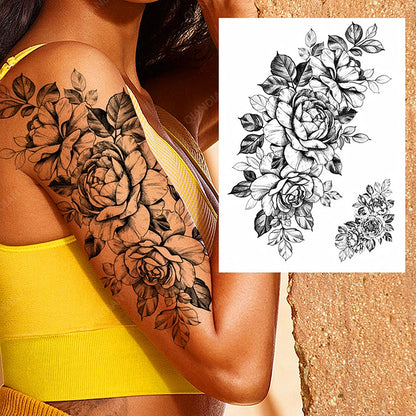 Black Flower Rose Waterproof Temporary Bird Snake Sexy Body Arm Leg Gem Henna Tattoo Fashion Big Fake Sleeve Sticker