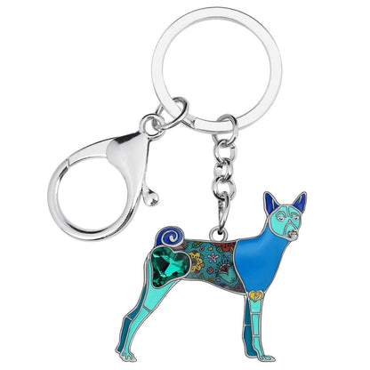 WEVENI Enamel Alloy Rhinestone Floral Basenji Dogs Keychains Fashion Pets Bag Key Chain Ring Jewelry For Women Girls Unique Gift