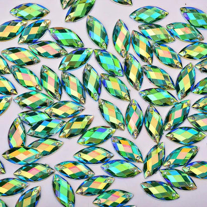 JUNAO 500pcs 7x15mm Glitter Red AB Crystal Rhinestones Acrylic Strass Sew On Flat Back Gems Horse Eye Stones for Dress Crafts