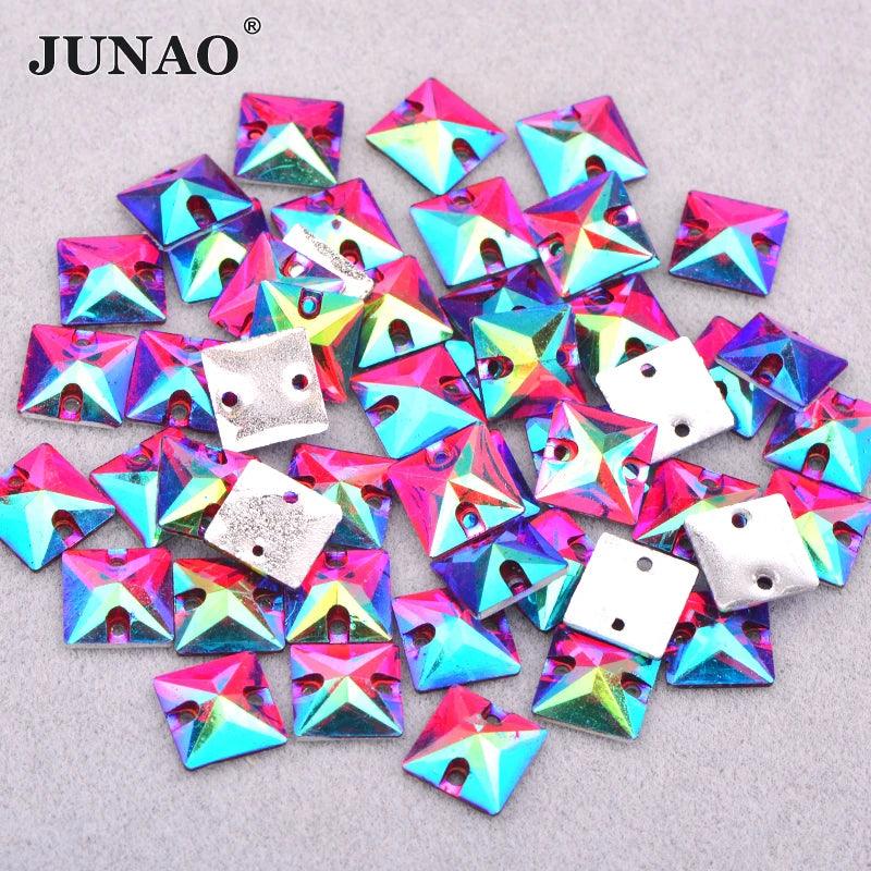 JUNAO 50pcs 7*21mm Sewing Crystal AB Rectangle Rhinestone Applique Flat Back Gems Acrylic Stone Sewn Crystal Strass for Needwork