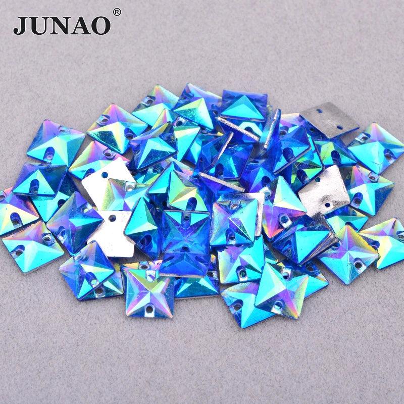 JUNAO 50pcs 7*21mm Sewing Crystal AB Rectangle Rhinestone Applique Flat Back Gems Acrylic Stone Sewn Crystal Strass for Needwork