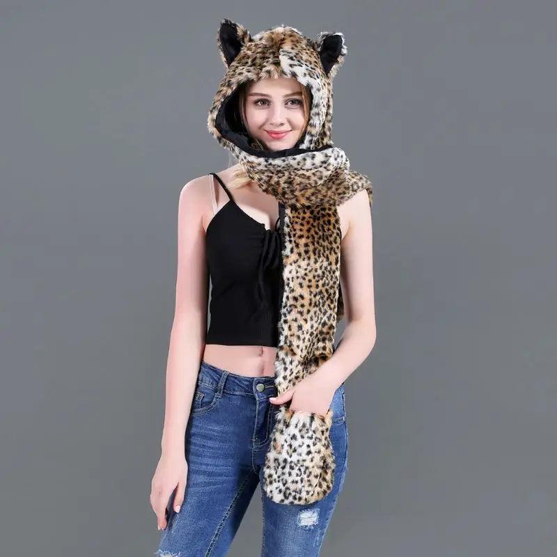 3 In 1 Women Men Fluffy Plush Animal Wolf Leopard Hood Scarf Hat with Paws Mittens Gloves Thicken Winter Warm Earflap Bomber Cap