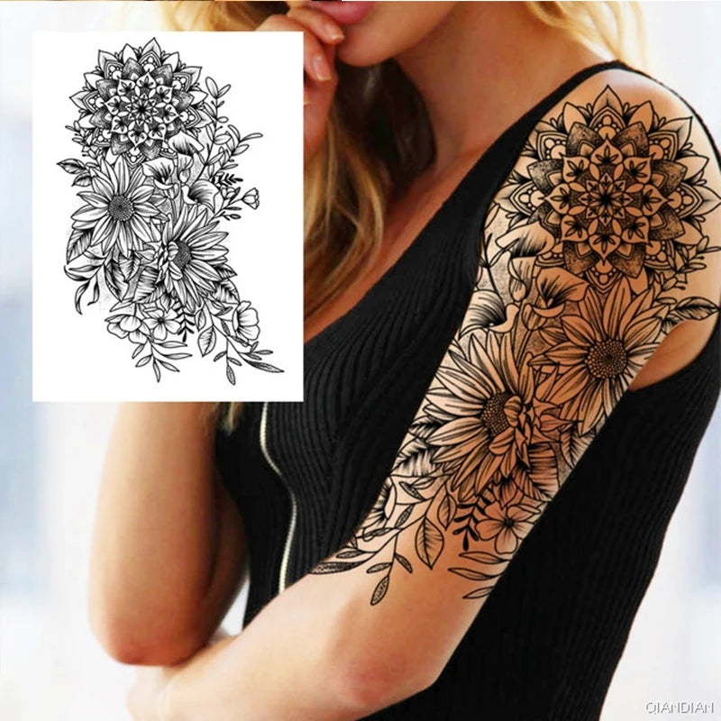 Black Flower Rose Waterproof Temporary Bird Snake Sexy Body Arm Leg Gem Henna Tattoo Fashion Big Fake Sleeve Sticker