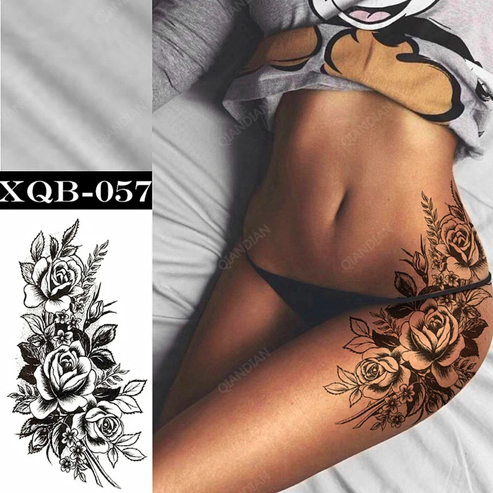 Black Flower Rose Waterproof Temporary Bird Snake Sexy Body Arm Leg Gem Henna Tattoo Fashion Big Fake Sleeve Sticker