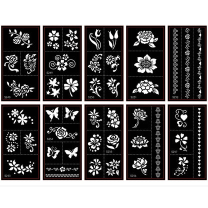 12 Sheets Henna Tattoo Stencils Kit Self-Adhesive Butterfly/Feather/Flower Designs for Body Painting Temporary Templates