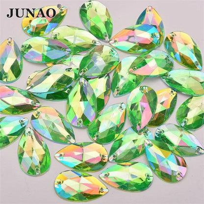 JUNAO 100pcs 17*28mm Sewing Red AB Teardrop Crystal Rhinestone Sew On Stones Flatback Acrylic Gems For Wedding Dress Decoration