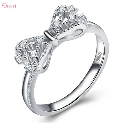 925 Sterling Silver Bowknot Bow Knot Cubic Zirconia Rhinestone Rings For Women Fashion Trendy Wedding Engagement Jewelry