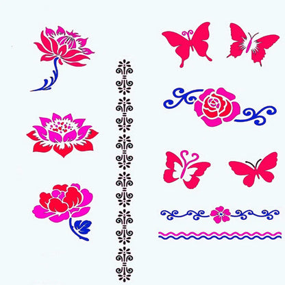 12 Sheets Henna Tattoo Stencils Kit Self-Adhesive Butterfly/Feather/Flower Designs for Body Painting Temporary Templates