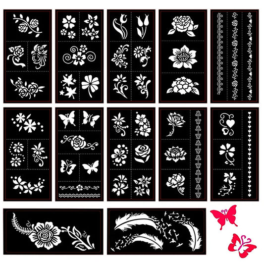 12 Sheets Henna Tattoo Stencils Kit Self-Adhesive Butterfly/Feather/Flower Designs for Body Painting Temporary Templates