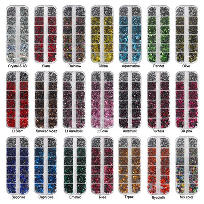 Hot Sale New Set 1200pcs 12 grid boxs Crystal Rhinestones Hotfix ss6-ss30 mixed size Glitter Glass Rhinestone Iron-on gem Strass